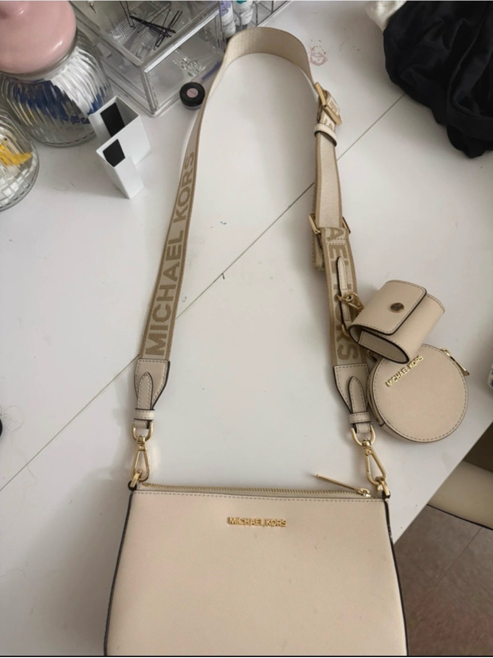 Michael Kors Cream Crossbody Bag with Branded Strap and Pouches